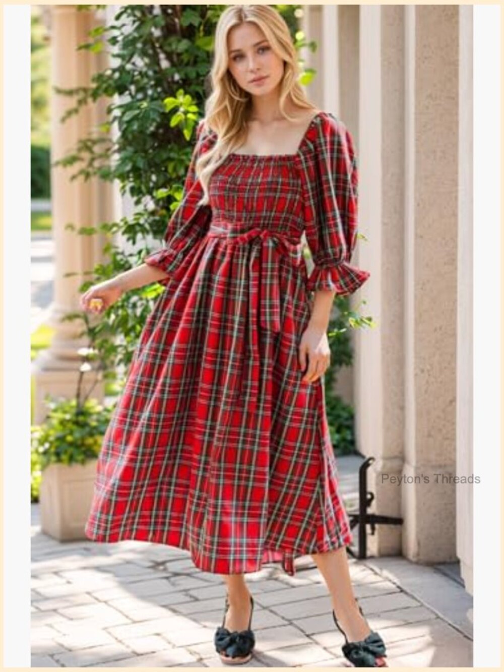 Womens Casual Tartan Plaid Square Neck Puff Sleeve Knot Waist Midi Dress - Picture 4 of 5
